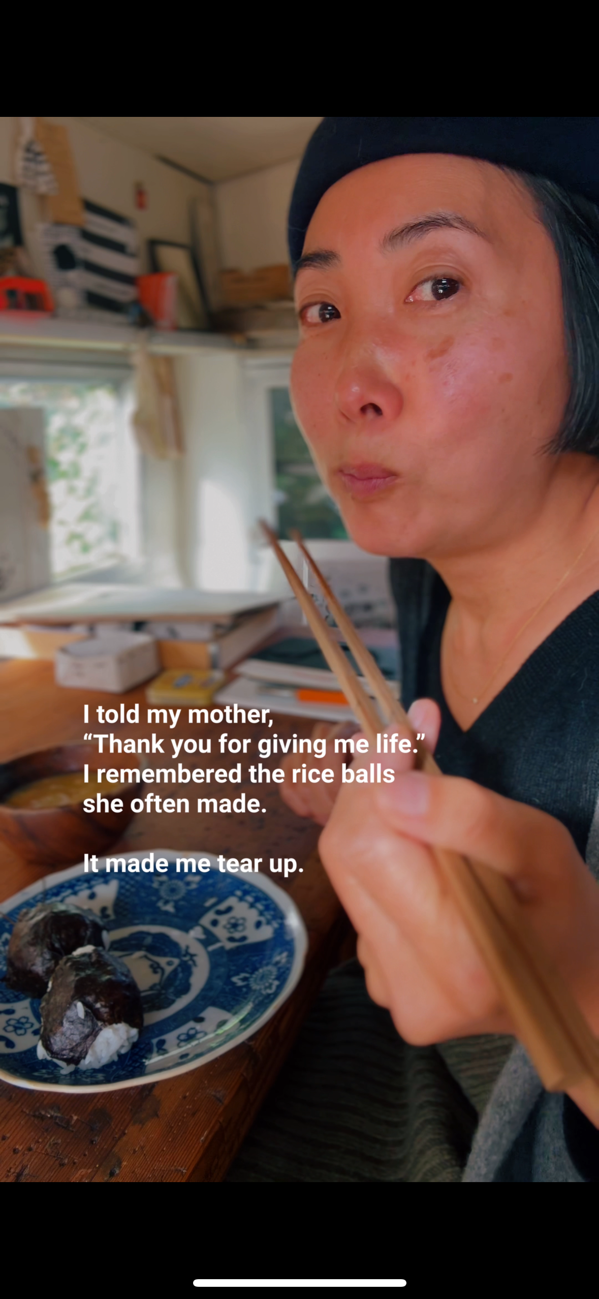 Eating my soul food, rice balls, on my birthday.