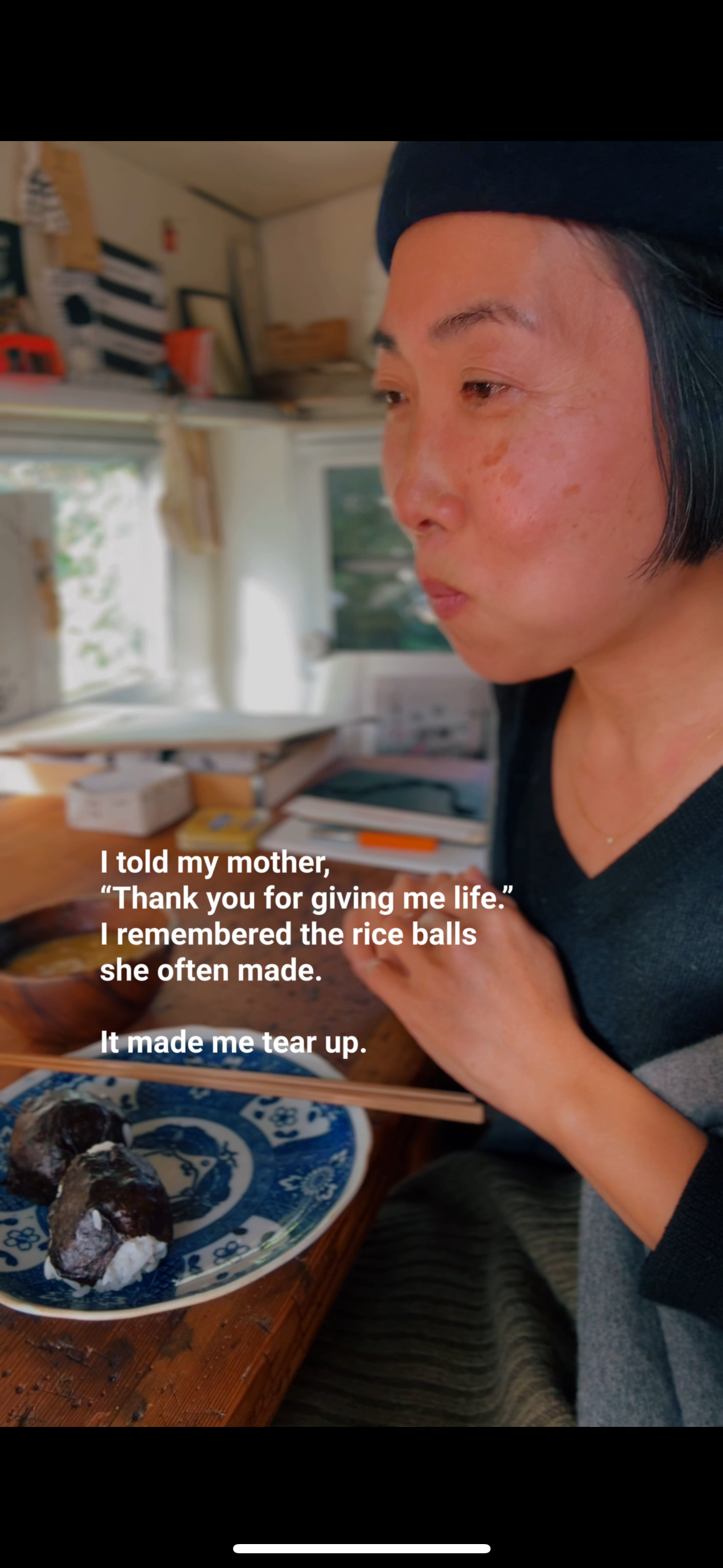 Eating my soul food, rice balls, on my birthday.